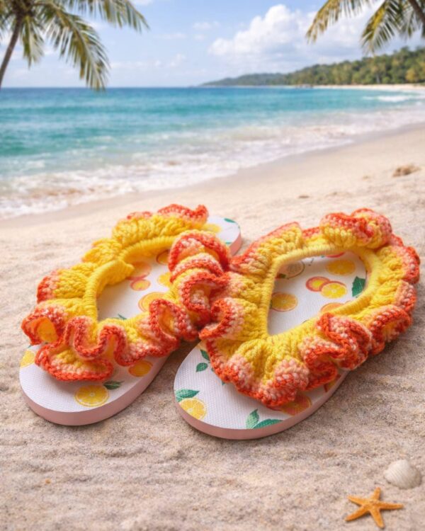 🍊Citrus Burst Ruffle Crochet Sandals Women’s 8