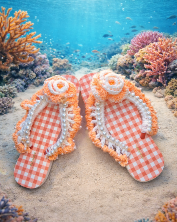 🍑Peach Pearl Blossom Crochet Sandals Women’s 8